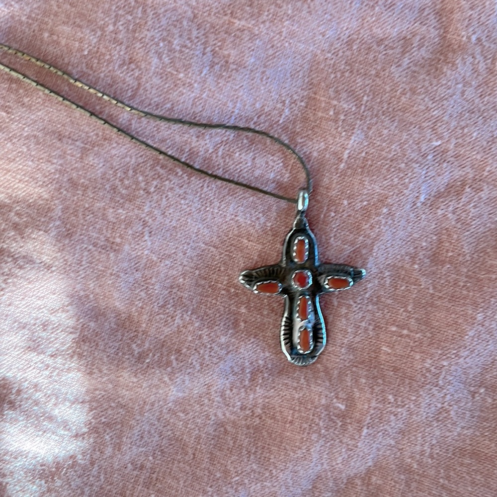 Silver and coral cross by esteemed Zuni silversmith C.Iule
